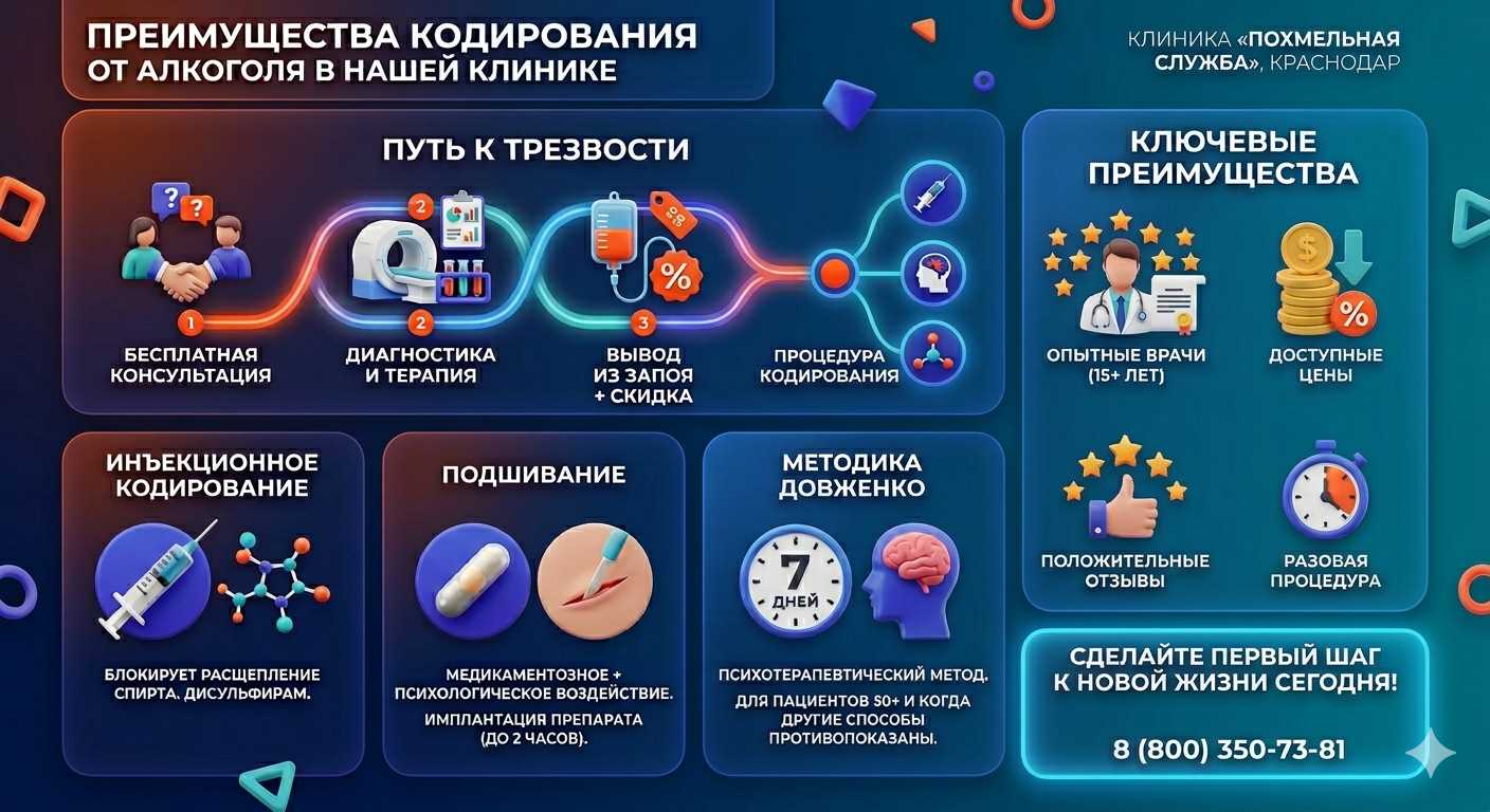 Инфографика о методах кодирования от алкоголя в Саяногорске: инъекции, подшивание, метод Довженко. Преимущества клиники и этапы лечения.